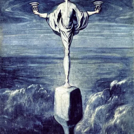 Image similar to The Pope levitating over the sea. El Greco, Remedios Varo, Salvador Dali, Carl Gustav Carus, John Atkinson Grimshaw. Blue tint. Symetrical, logo, geometric shapes.