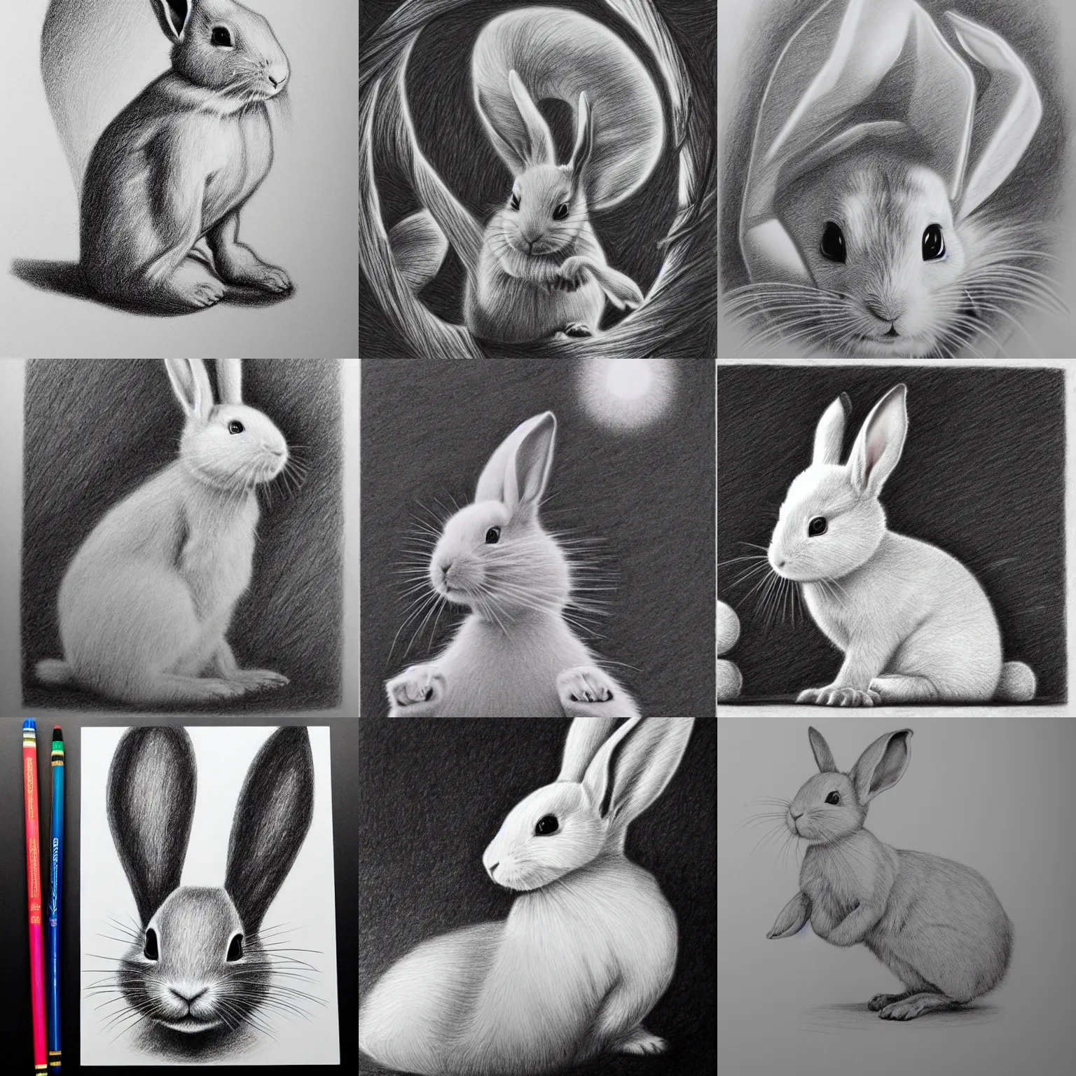 Prompt: white rabbit creating infinite art in non euklidian space, pencil drawing, very detailed
