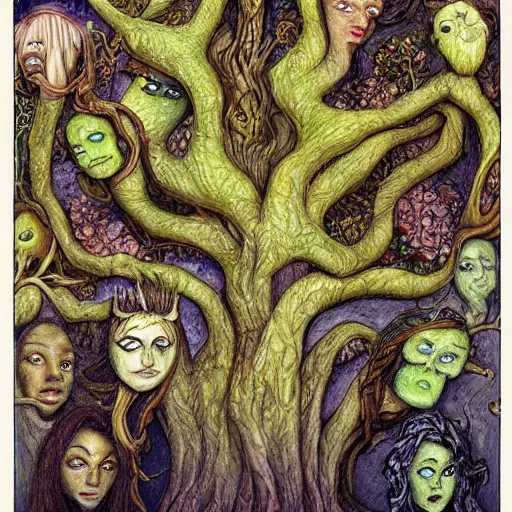 Image similar to a painting of a tree with many faces, poster art by brian and wendy froud, trending on artstation, fantasy art, lovecraftian, fractalism, poster art