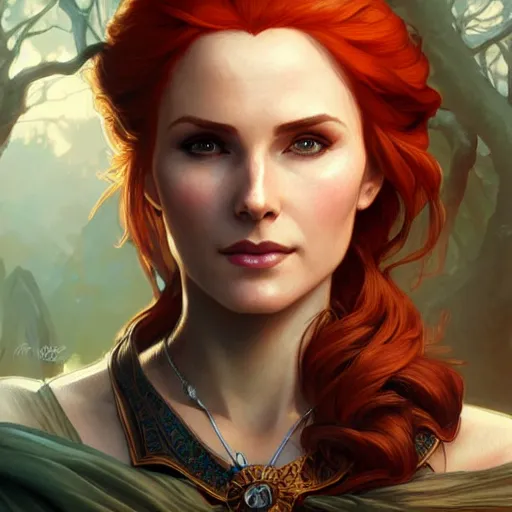 Image similar to Triss Merigold from The Witcher, D&D, fantasy, intricate, elegant, highly detailed, digital painting, artstation, concept art, matte, sharp focus, illustration, art by Artgerm and Greg Rutkowski and Alphonse Mucha