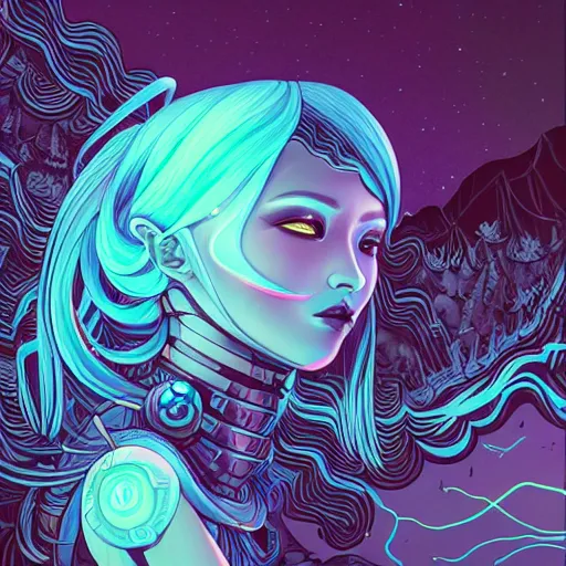 Prompt: bioluminescent cybernetic alien princess in the mountains, extremely detailed, sharp focus, portrait, smooth, digital illustration, by james jean, by rossdraws, frank franzzeta, sakimichan