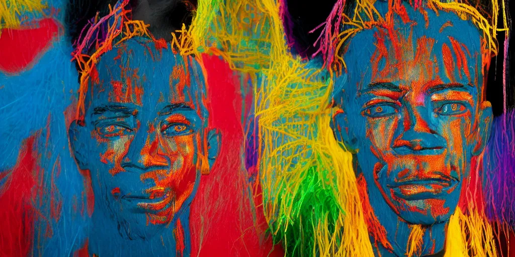 Image similar to a perfect bust of Jean-Michel Basquiat made out of rainbow ethereal pipe cleaners, 3D cinematic lighting, 90 degree spotlighting, photorealism, octane render, depth of field, 8k, 35mm, artgem, Trending on artstation