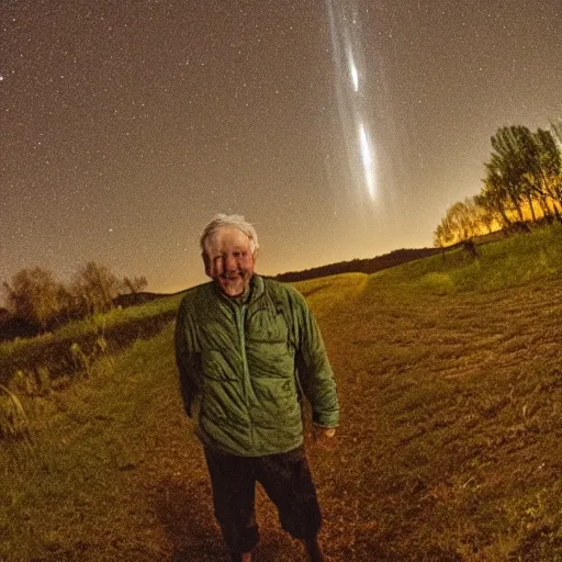 Image similar to a smiling old man spotted on a trail cam at night