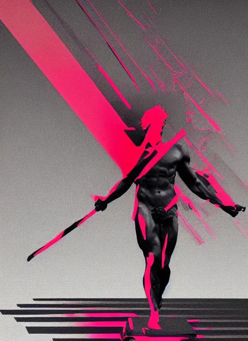 Image similar to dark design poster showing a statue of achilles, black background with very subtle red and purple design elements, powerful, nekro, vito acconci, thin straight lines, dark, glitch art, neo vaporwave, gritty, layout frame, square, extremly detailed, trending on artstation