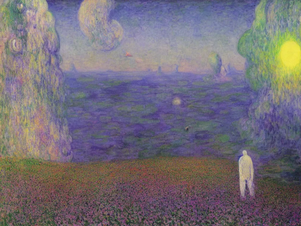 Prompt: man in white beekeeper suit looking at the psychedelics dream mothership over the sacred mountains. painting by mikalojus konstantinas ciurlionis, monet, bosch, wayne barlowe, agnes pelton, rene magritte