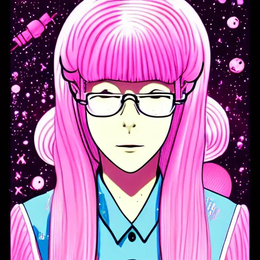 Image similar to realistic dark retro pulp sci - fi colored manga illustration of princess bubblegum by junji ito, with pink hair made of bubblegum, confident scientist performing experiments in her lab