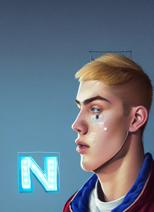 Image similar to portrait of high school senior boy named big moose, blonde short hair, jock, beefy, wide face, square jaw, square facial structure, blue varsity jacket with letter r, intricate, elegant, glowing lights, highly detailed, digital painting, artstation, concept art, sharp focus, illustration, art by wlop, mars ravelo and greg rutkowski