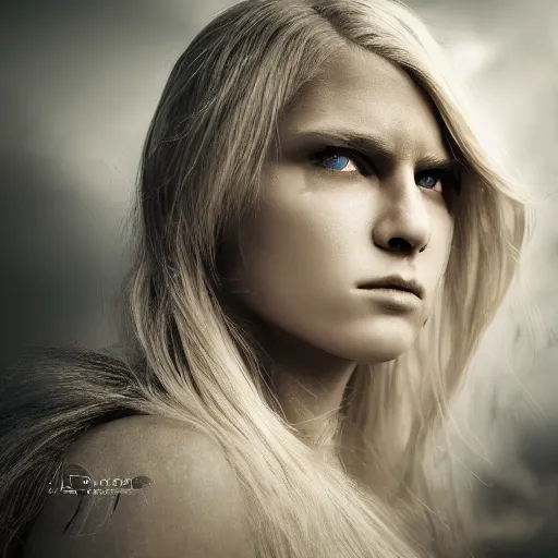 Image similar to angelic legendary blond female warrior, shallow depth of field, moody lighting, 8 k, concept art, 2 0 mm lens,