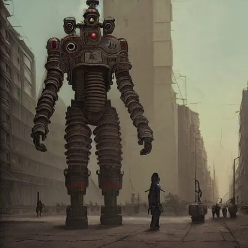 Image similar to mayan cyberpunk robot golem striding through streets of city, perfectly clear face, shadow of the colossus screenshot by j. c. leyendecker, simon stalenhag, studio ghibli, and beksinski