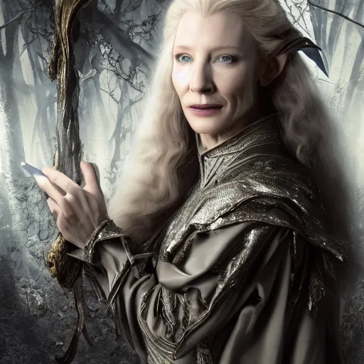 Prompt: portrait of mischievous, dangerous, thirtysomething Galadriel (Cate Blanchett) as a queen of elves, dressed in a refined silvery garment. The background is a dark, chilling eastern europen forrest. night, horroristic shadows, higher contrasts, (((lumnious))), theatrical, character concept art by ruan jia, thomas kinkade, and J.Dickenson, trending on Pinterest