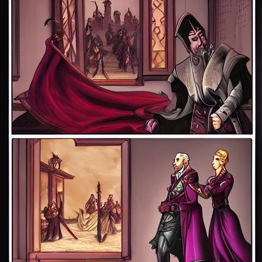 Prompt: Strahd von Zarovich taking Ireena, dramatic, realistic, detailed, wide shot
