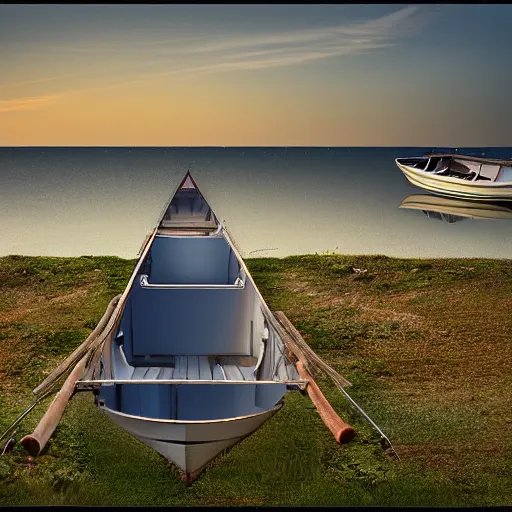 Image similar to realistic photo of flat broken mirrors stretching to the horizon, a small boat on the mirrors by albert dros