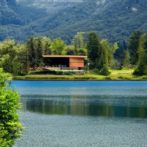 Image similar to a modern house in a national park, there is a lake next to it, landscape