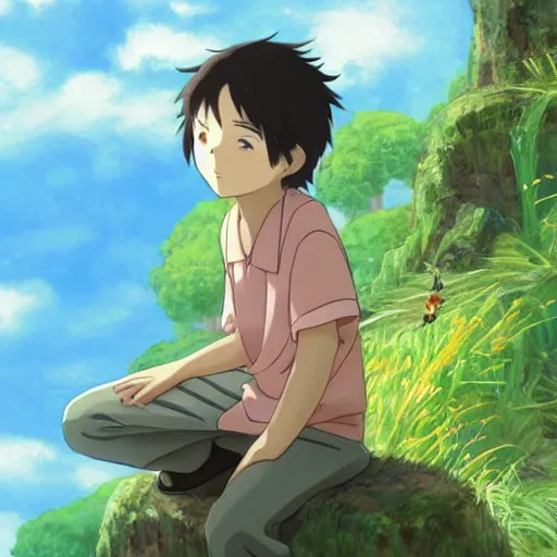 Prompt: friendly guy and small creature , with Fragile looking character portrait face made by Studio Ghibli highly detailed art, beautiful scene, sharp focus, smooth, 8k, anime art, wild, dark, fantasy, peaceful, colorful, clear, clean