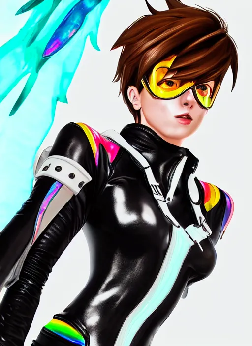 Image similar to portrait bust digital artwork of tracer overwatch, wearing white iridescent rainbow latex and leather straps catsuit outfit, 4 k, expressive happy smug expression, makeup, in style of mark arian, angel wings, wearing detailed black leather collar, chains, black leather harness, detailed face and eyes,