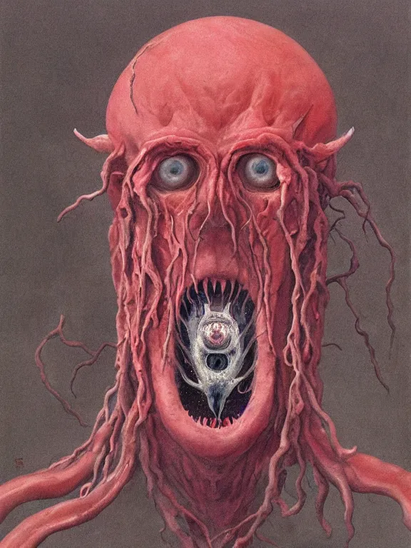 Image similar to painting by wayne barlowe of a flying sorrowful looking severed human head with tears running down it's eyes, face that is chalk white in color, with long sprawling white tentacles stemming down it's neck, fiery scorching red eyes, flying in a terrying hellish dark cavernous place