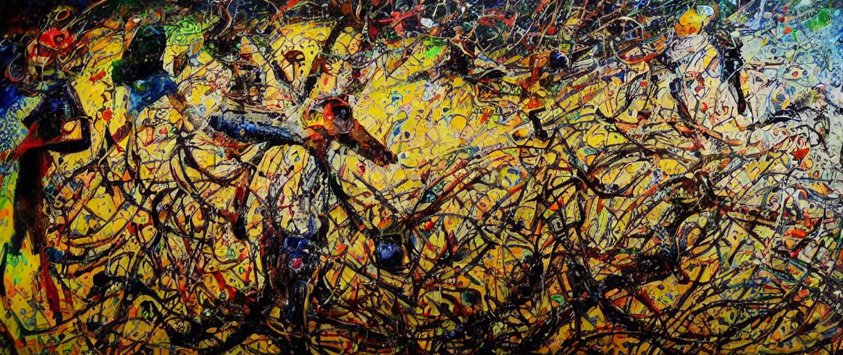 Image similar to you won't ever catch my love detailed and highly reliefed oil painting with canvas texture in style of Jackson Pollock and Rene Magritte photorealistic, surrealism, expressionism, masterpiece, balanced composition, vivid colors, trending on artstation, intricate oil details