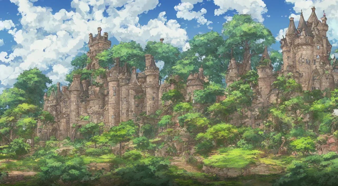 Image similar to a landscape painting of a British castle, with a garden, in the style of anime, by Studio Ghibli, trending on artstation