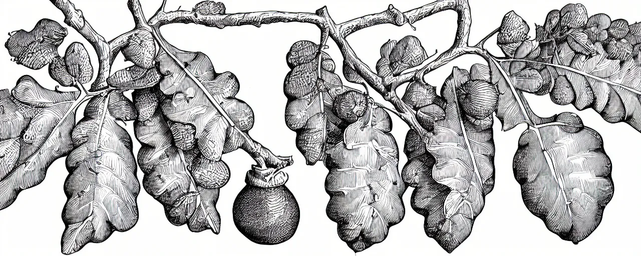 Image similar to a full page schematic diagram illustration of oak acorns on a wine leaf, ultra detailed, 4 k, intricate, encyclopedia illustration, fine inking lines