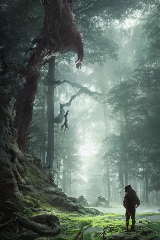 Prompt: A small character standing before a giant creature in a beautiful forest by Greg Rutkowski, Sung Choi, Mitchell Mohrhauser, Maciej Kuciara, Johnson Ting, Maxim Verehin, Peter Konig, final fantasy , 8k photorealistic, cinematic lighting, HD, high details, atmospheric,