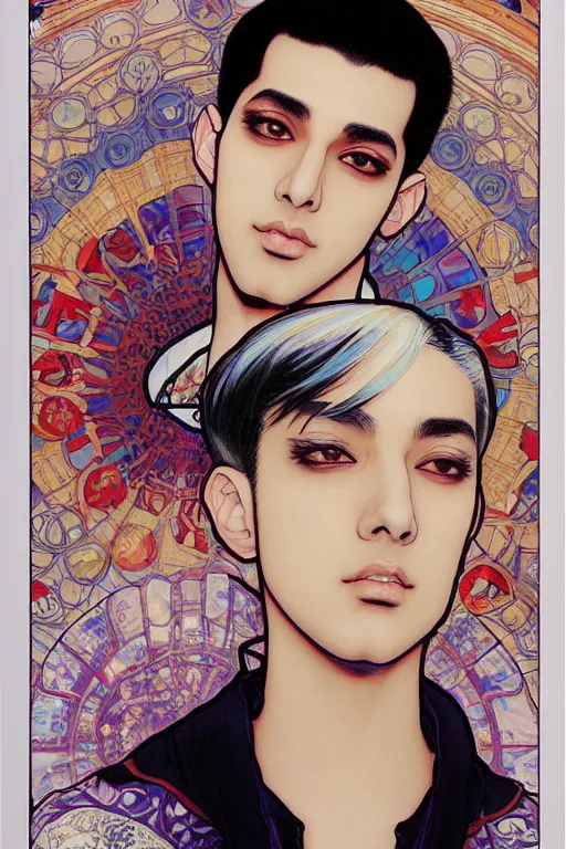 Image similar to beautiful medium shot manga portrait of mahmood inspired by ayami kojima with short hair dressed with a white t - shirt, white background white bank studio light, art by yoshitaka amano, alfons mucha, hiroaki samura, jiro matsumoto and yusuke murata, sharp focus, high quality, 8 k