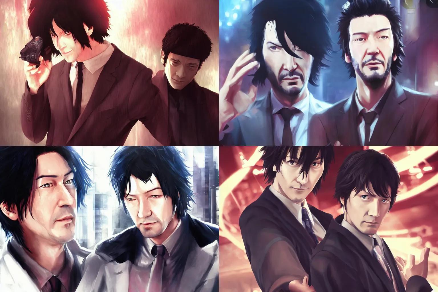 Prompt: Keanu revees with okabe rintarou, digital art, anime, artstation, pixiv