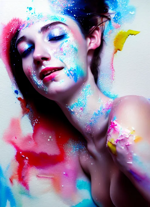 Prompt: happy beautiful young woman covered in white paint, in the style of irakli nadar, effervescent, warm, dark, watercolor, deep mood, hyperrealism, epic and cinematic,
