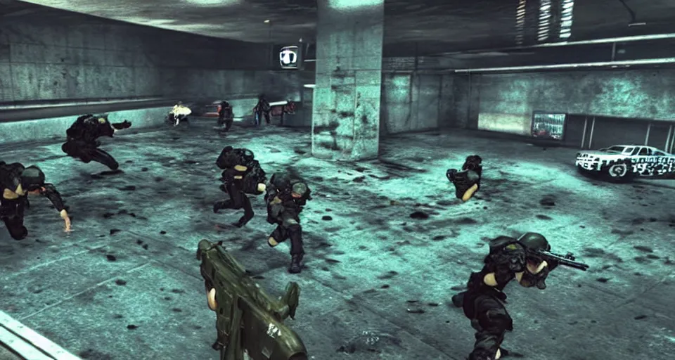 Prompt: 1998 Video Game Screenshot of Neo-tokyo Cyborg bank robbers vs police, Set inside of Parking Garage, Dark, Multiplayer set-piece Ambush, Tactical Squads :10, Police officers under heavy fire, Suppressive fire, Pinned down, Destructible Environments, Gunshots, Headshot, Bullet Holes and Anime Blood Splatter, :10 Gas Grenades, Riot Shields, MP5, AK45, MP7, P90, Chaos, Anime Machine Gun Fire, Gunplay, Shootout, :14 FLCL + Jet Grind Radio, Cel-Shaded:17, Created by Katsuhiro Otomo + Arc System Works + miHoYo: 20