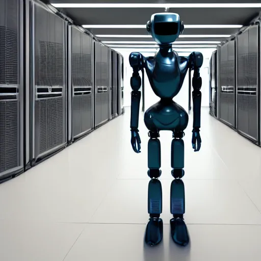 Image similar to hyperrealism stock photo of highly detailed stylish humanoid robot in sci - fi style by gragory crewdson and vincent di fate in the highly detailed data center by mike winkelmann and laurie greasley rendered in blender and octane render