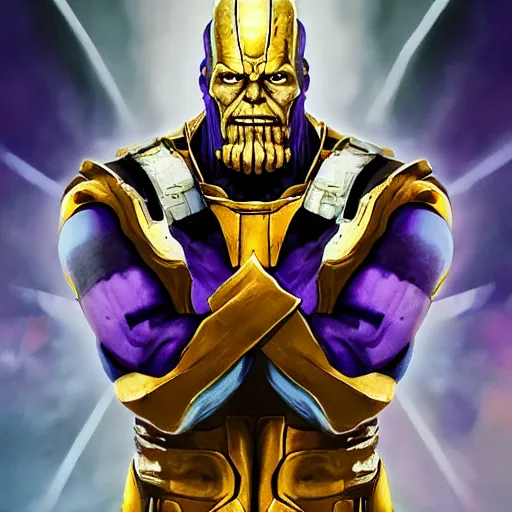 Image similar to thanos with the infinity gauntlet on a battlefield, artstation hall of fame gallery, editors choice, #1 digital painting of all time, most beautiful image ever created, emotionally evocative, greatest art ever made, lifetime achievement magnum opus masterpiece, the most amazing breathtaking image with the deepest message ever painted, a thing of beauty beyond imagination or words