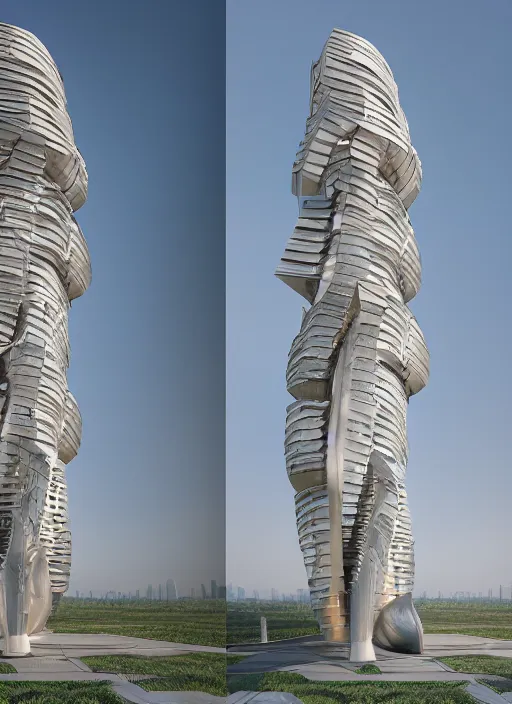 Image similar to highly detailed realistic architecture 3 d render of a futurisctic stele monument in frank gehry style made from atoms standing near a highway, archdaily, made in unreal engine 4 octane render