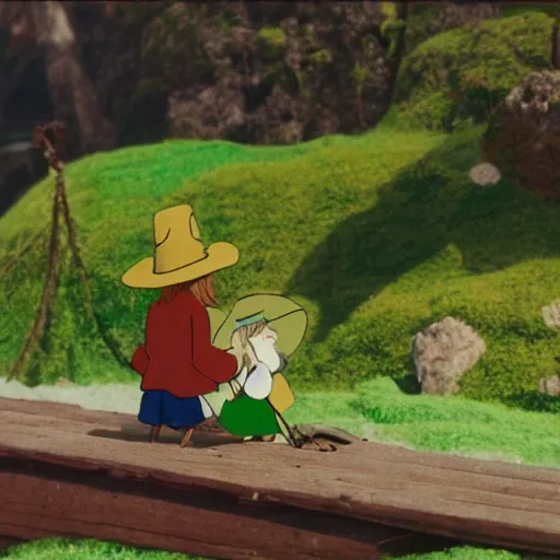 Prompt: Snufkin and Moomin are sitting on a bridge over a river in moominvalley and playing the harmonica, summer day, made of felt and wool, claymation film