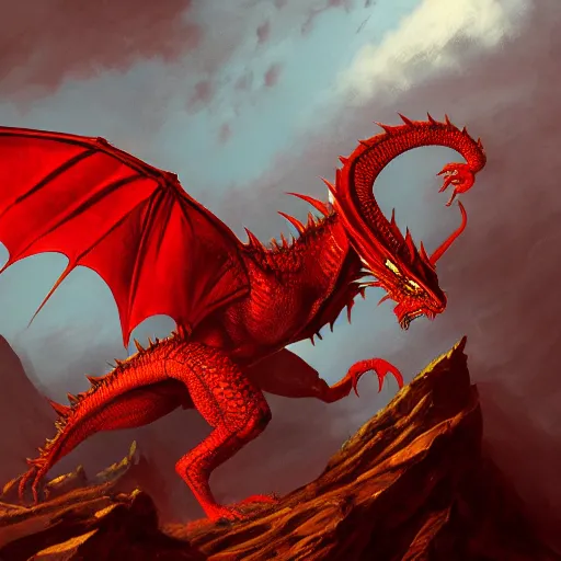 Image similar to red dragon close up by greg rutkowski, drark, marvel comics, dark, plutus su and chris scalf and lucas graciano and billy christian, symmetrical, mountains, red and gold color palette, painting, d & d, fantasy, detailed, realistic, complimentary colors, light, artstation, cinematic, dramatic lighting, close up, storm clouds, hudson river school