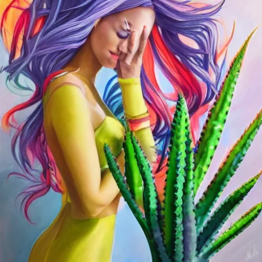 Prompt: painting by Artgerm of a beautiful woman with shoulder length rainbow hair in a coral dress putting colorful South African bitter aloe succulents into rainbow pots at a round table