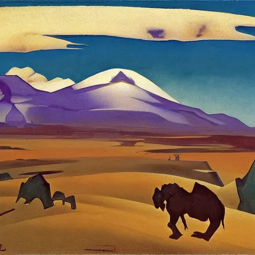 Image similar to a oil painting of a battlefield in a desertic landscape surrounded by mountain, stylised storm, by nicholas roerich, by frank frazetta by georgia o keeffe by frederick william elwell, by hans emmenegger, by eyvind earle highly detailed, realistic, outline, line work, fantasy, oriental, stylised flat colors, animation