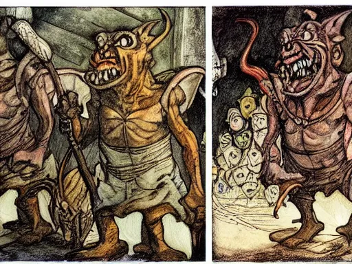 Image similar to a painting of goblins in an art gallery by arthur rackham and Tony DiTerlizzi, trending on artstation, detailed