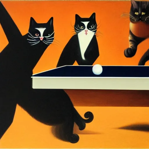 Image similar to a detailed picture of two cats playing ping - pong, orange background, oil painting, velazquez and magritte