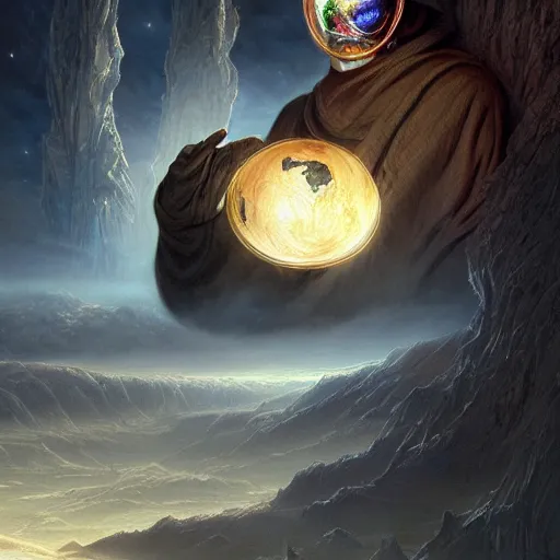 Image similar to masked nomad male wearing a cloak on an alien world and holding a holographic planet projection in his hand, detailed, sci - fi, digital painting, artstation, sharp focus, illustration, ominous, artgerm, tomasz alen kopera, peter mohrbacher, donato giancola, joseph christian leyendecker, wlop, frank frazetta