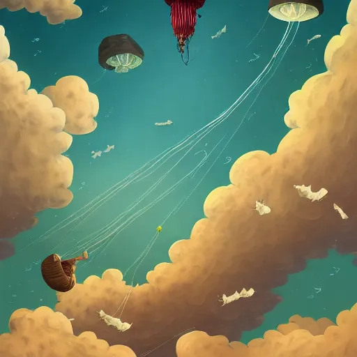 Image similar to Flying machine with jellyfish in the sky flying over desert and ocean, inspired by Cyril Rolando, David Wiesner, ornate, intricate, emitting light ornaments, trending on artstation, volumetric lighting, CGsociety, alizarin red, brick red, burgundy color, dull red, gray color, olive color, red and green, scarlet, shades of green, shades of red, swamp green, terracotta red