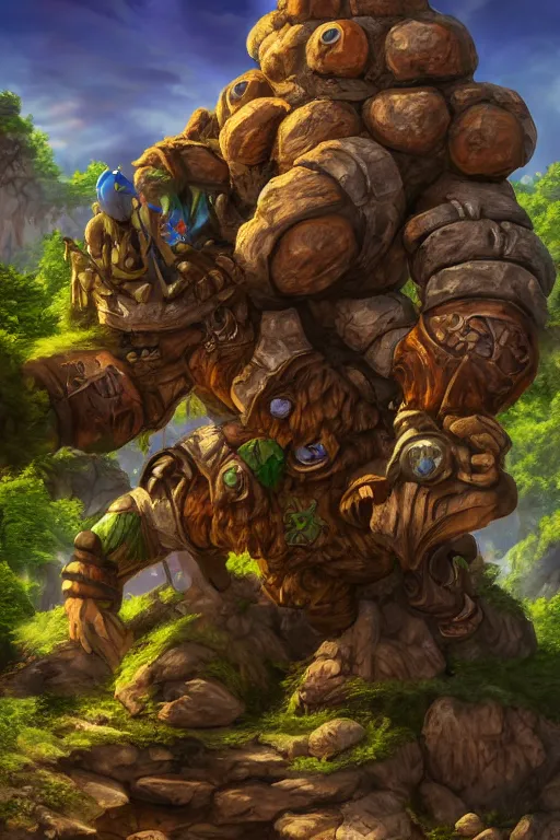 Image similar to zelda fantasy art giant golem troll wood rock greeble gemstone, global illumination ray tracing hdr fanart arstation by sung choi and eric pfeiffer and gabriel garza and casper konefal