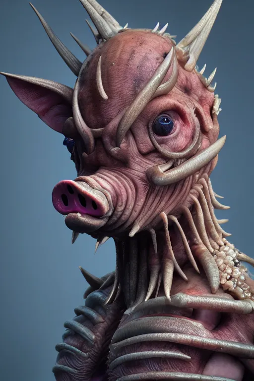 Image similar to skin concept, pig, biopunk, threes, teeth, many details, crystals, guyver style, 3 d, cinematic, hyper realism, high detail, octane render, art by hans giger