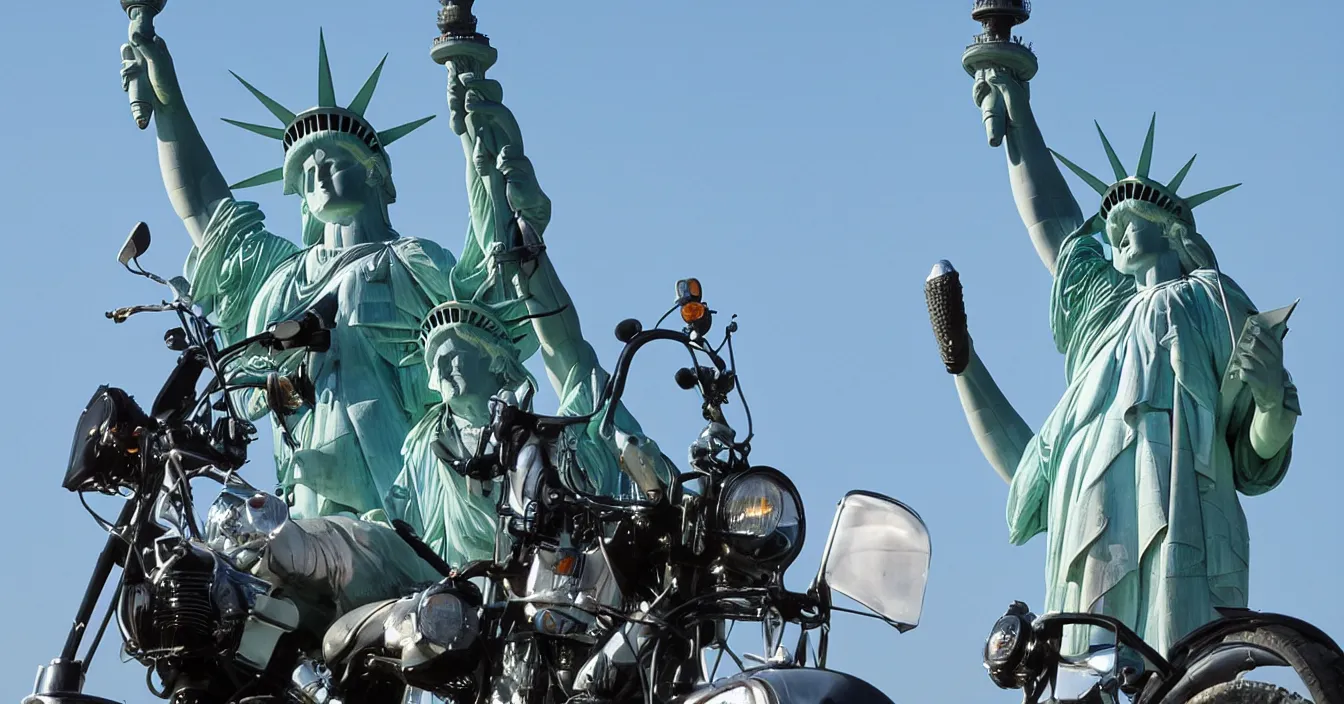 Prompt: the statue of liberty rides motorcycle