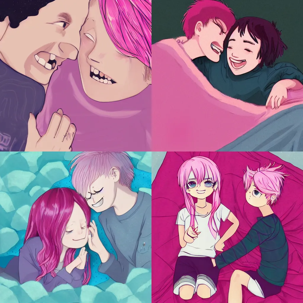 Prompt: a girl and a boy with pink hair sitting on a blanket and laughing at something, each staring into the others’ eyes, in love. Digital art by Mina Tokimori, famous.