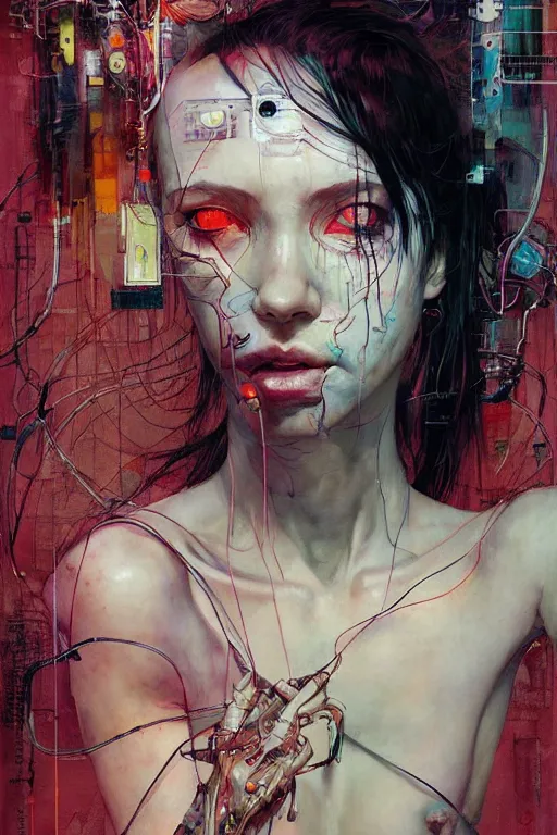 Prompt: young woman cyberpunk dream thief, wires cybernetic implants, in the style of adrian ghenie, esao andrews, jenny saville,, surrealism, dark art by james jean, takato yamamoto