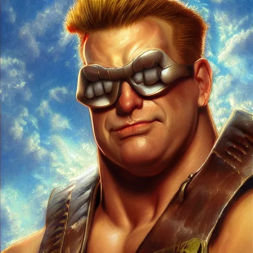 Prompt: duke nukem, thomas kinkade, front view, artgerm, masterpiece, digital art, trending on arts