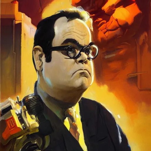 Prompt: greg manchess portrait painting of ghostbuster dan akroyd's appearance dr. raymond stantz overwatch character, medium shot, asymmetrical, profile picture, organic painting, sunny day, matte painting, bold shapes, hard edges, street art, trending on artstation, by huang guangjian and gil elvgren and sachin teng