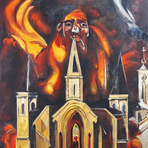 Prompt: A painting of a church on fire by George Condo