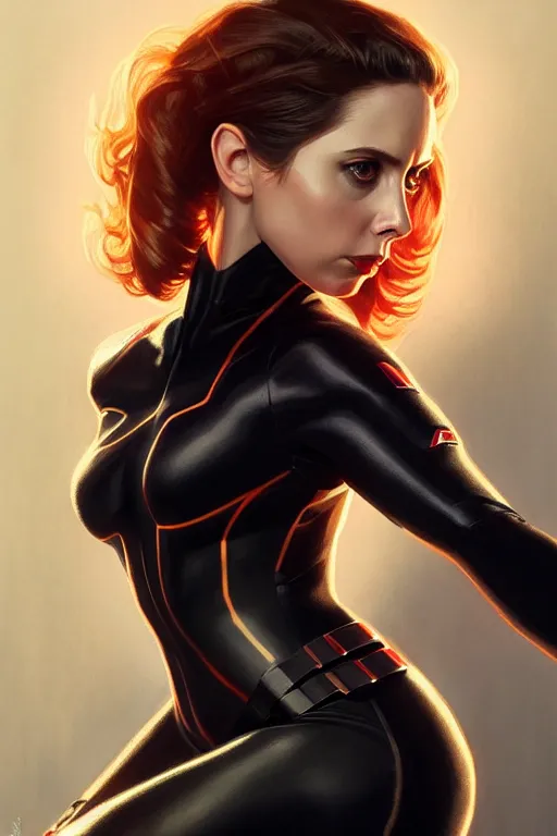 Image similar to alison brie as black widow, realistic portrait, symmetrical, highly detailed, digital painting, artstation, concept art, smooth, sharp focus, illustration, cinematic lighting, art by artgerm and greg rutkowski and alphonse mucha