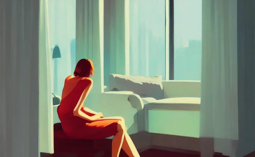 Prompt: a stream of consciousness by atey ghailan and edward hopper