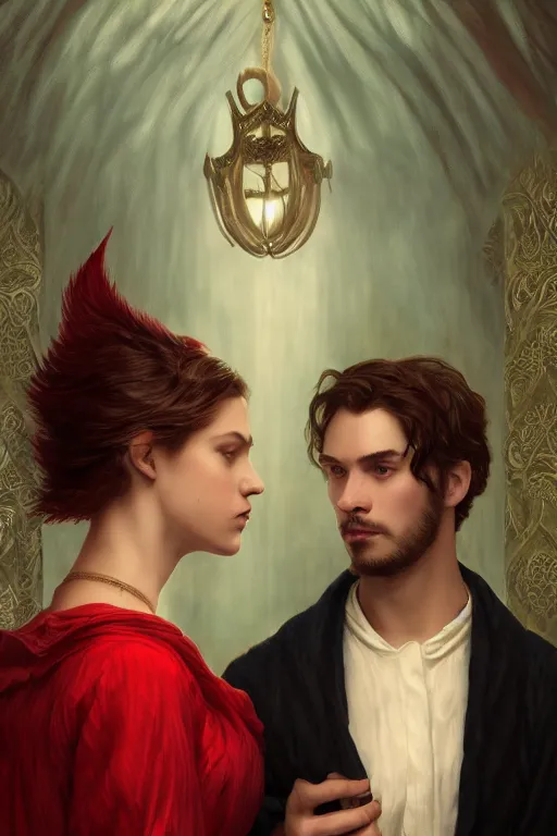 Prompt: a portrait of handsome young male nordic Satan wearing a halo of light and his elegant beautiful nordic witch wife dressed in red, bored, illustration, dramatic lighting, soft details, painting oil on canvas, art nouveau, octane render, HDR, 4k, 8k, HD, by Edmund Blair Leighton, Brom, Charlie Bowater, trending on artstation, faces by Tom Bagshaw, Sargent